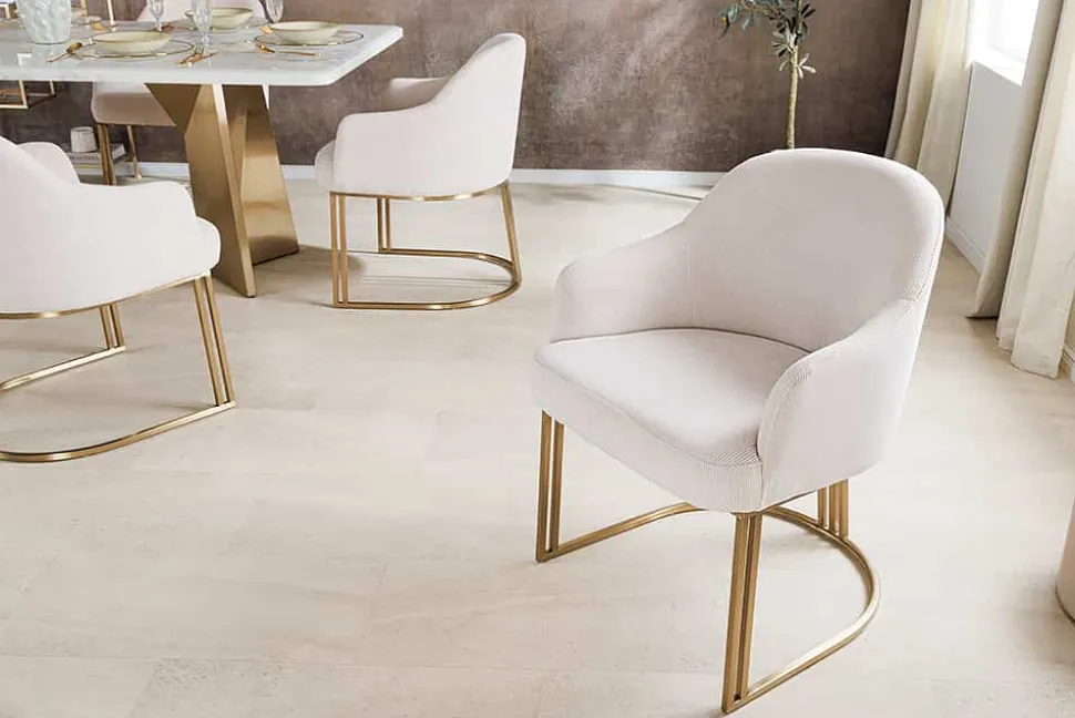 Armlehnen Stuhl EXTRAVAGANCIA beige Cord Metall brushed champagner gold