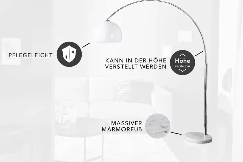 Ausziehbare Bogenlampe LOUNGE DEAL 175-205cm weiß Marmorfuß Stehlampe
