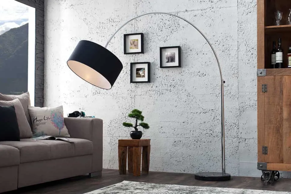 Ausziehbare Bogenlampe LOUNGE DEAL 170-200cm schwarz Leinenschirm Stehlampe