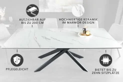Ausziehbarer Esstisch ALPINE 160-200cm weiß Keramik Marmor schwarzes Metallgestell