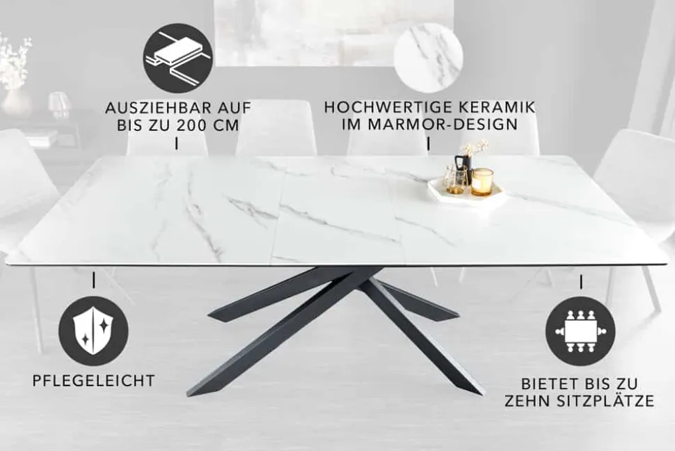 Ausziehbarer Esstisch ALPINE 160-200cm weiß Keramik Marmor schwarzes Metallgestell