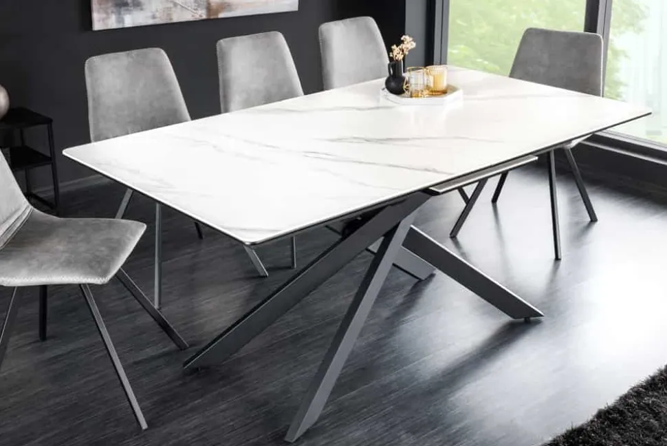Ausziehbarer Esstisch ALPINE 160-200cm weiß Keramik Marmor schwarzes Metallgestell