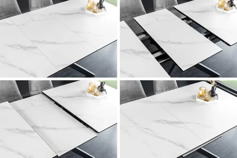 Ausziehbarer Esstisch ALPINE 160-200cm weiß Keramik Marmor schwarzes Metallgestell