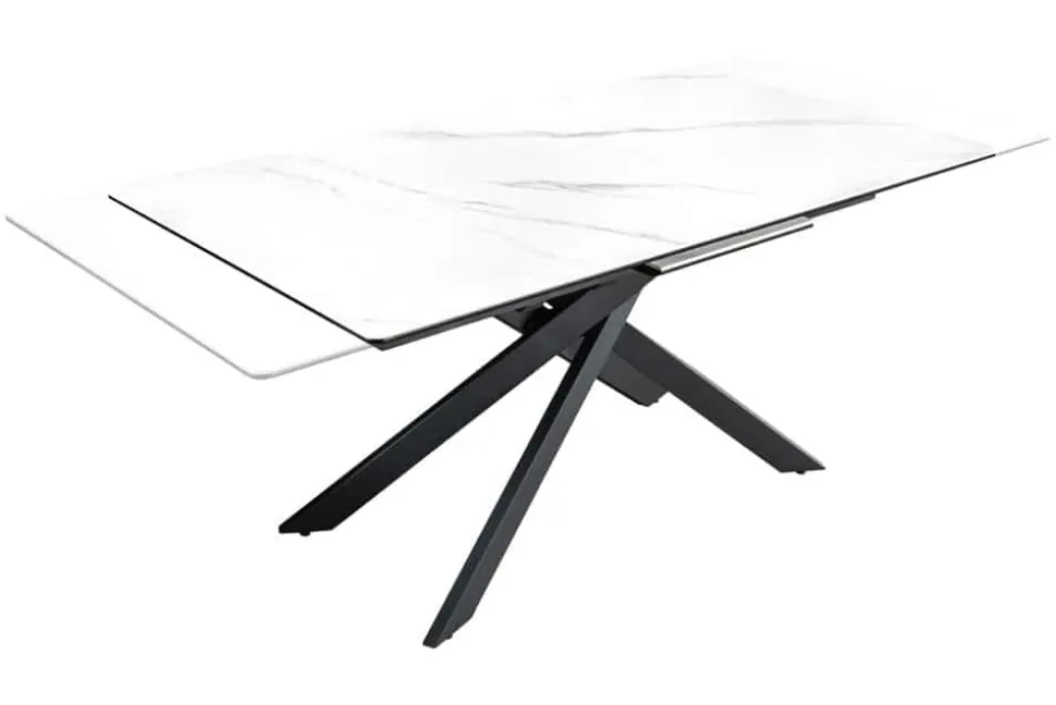 Ausziehbarer Esstisch ALPINE 160-200cm weiß Keramik Marmor schwarzes Metallgestell