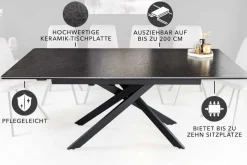 Ausziehbarer Esstisch ALPINE 160-200cm anthrazit Keramik schwarzes Metallgestell