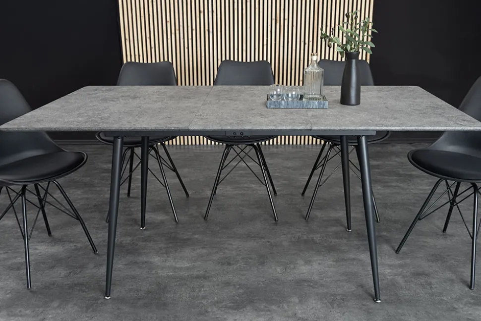 Ausziehbarer Esstisch APARTMENT 120-160cm grau Beton-Design schwarzes Metallgestell