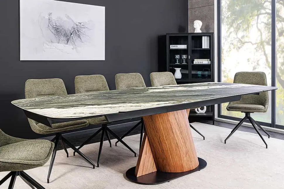 Ausziehbarer Esstisch ELEMENTS 180-260cm taupe grau spanische Keramik Walnuss Gestell