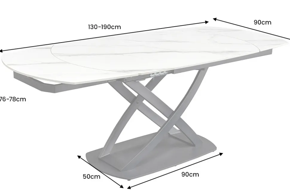 Ausziehbarer Esstisch INCEPTION 130-190cm weiß Marmor Keramik schwarzes Metallgestell