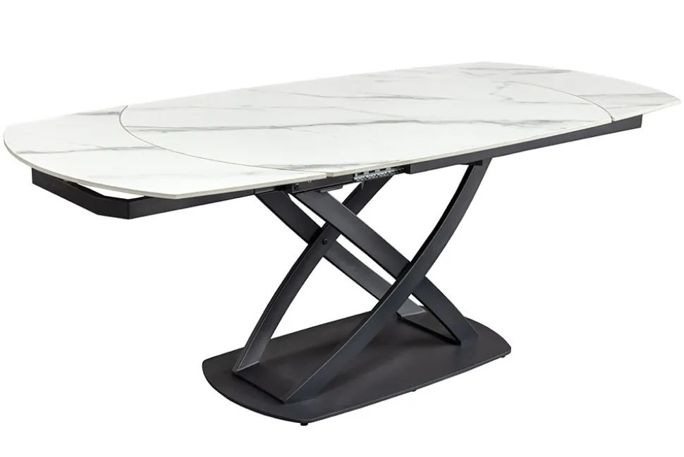 Ausziehbarer Esstisch INCEPTION 130-190cm weiß Marmor Keramik schwarzes Metallgestell