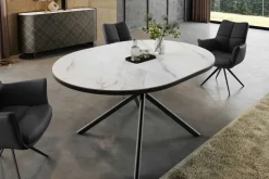 Ausziehbarer Esstisch MIKADO 120-160cm weiß Keramik oval schwarz Sterngestell