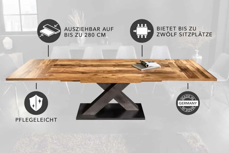 Ausziehbarer Esstisch MONTREAL 180-280cm natur Plankeneiche Holz-Design Schwarzstahl