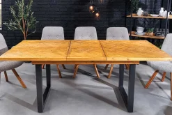 Ausziehbarer Esstisch MOSAIK 160-200cm braun Pinie recyceltes Massivholz Metall schwarz