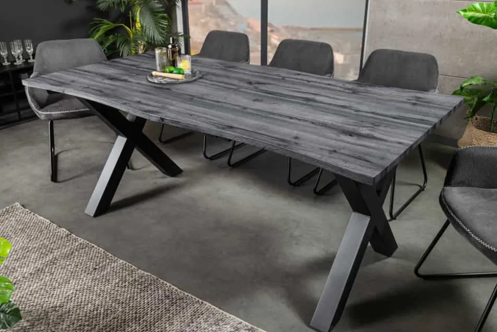 Ausziehbarer Esstisch WILD 180-220cm grau gekälkt Wildeichen-Design Baumkante schwarz