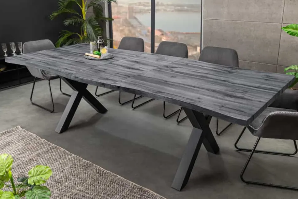 Ausziehbarer Esstisch WILD 160-200cm grau gekälkt Wildeichen-Design Baumkante schwarz