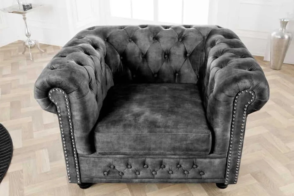 Barocker Sessel CHESTERFIELD grau Samt Federkern mit Knopfheftung