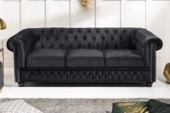 Barock Sofa CHESTERFIELD 205cm schwarz Samt Federkern Knopfheftung 3-Sitzer Couch