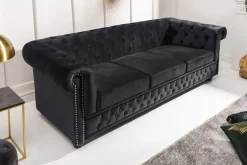 Barock Sofa CHESTERFIELD 205cm schwarz Samt Federkern Knopfheftung 3-Sitzer Couch