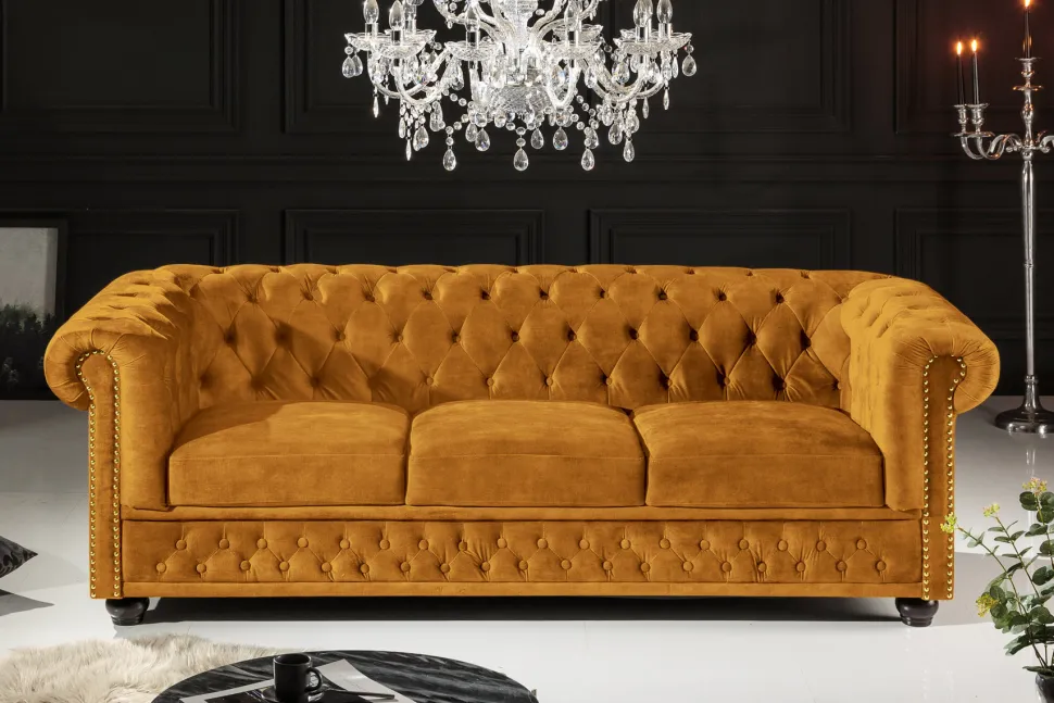 Barock Sofa CHESTERFIELD 205cm senfgelb Samt Federkern Knopfheftung 3-Sitzer Couch