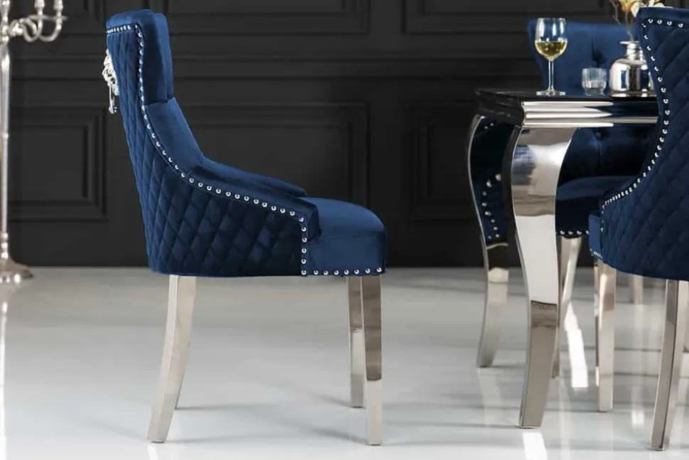 Barock Stuhl CASTLE DELUXE royalblau Samt Löwenkopf Chesterfield Design Esszimmerstuhl Nieten