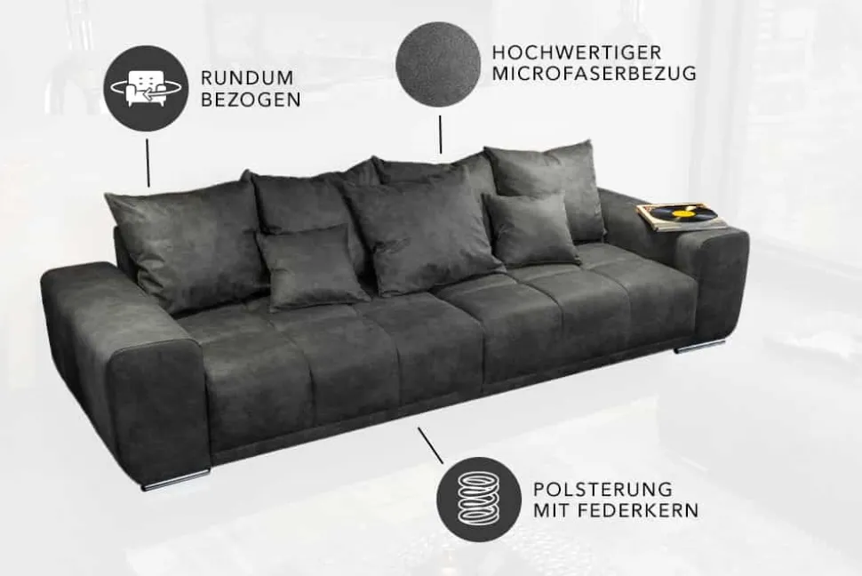 Big Sofa ELEGANCIA 285cm grau Microfaser XXL Couch inkl. Kissen Federkern