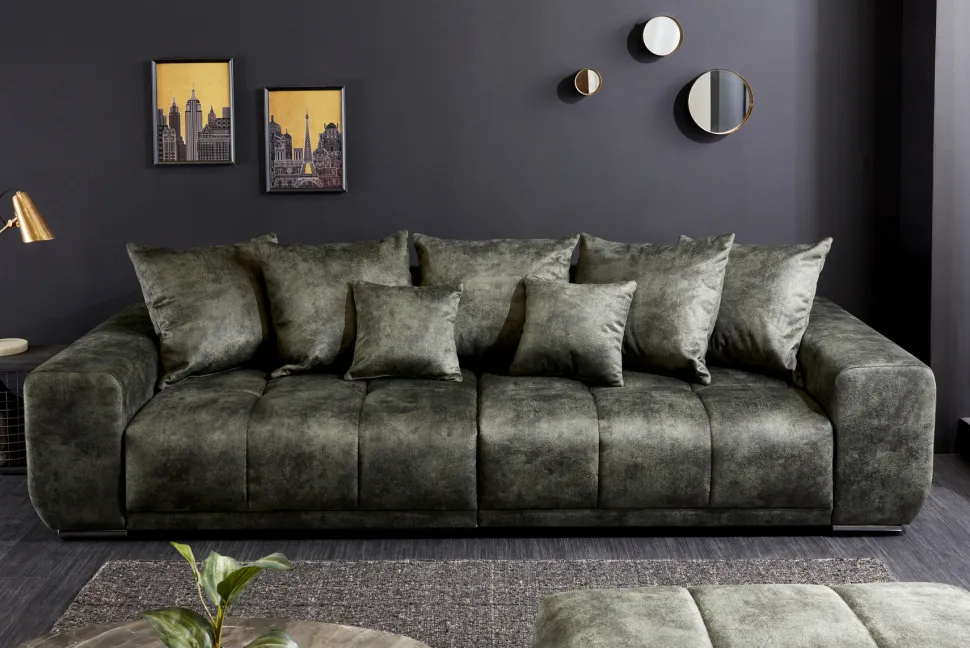 Big Sofa ELEGANCIA 285cm moosgrün Microfaser XXL Couch inkl. Kissen Federkern