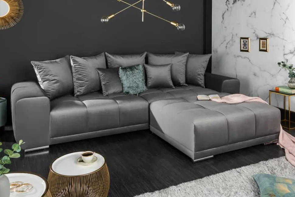 Big Sofa ELEGANCIA 285cm silbergrau Samt XXL Couch inkl. Kissen Federkern