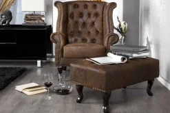 Chesterfield Fußhocker 80cm antik braun mit Knopfheftung und Nietenbesatz