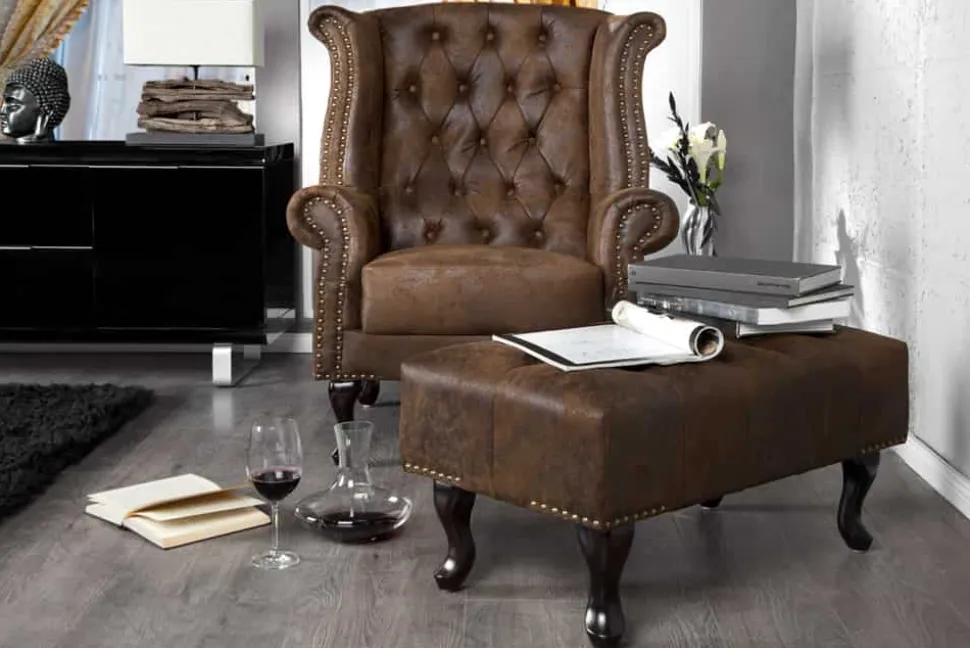 Chesterfield Fußhocker 80cm antik braun mit Knopfheftung und Nietenbesatz