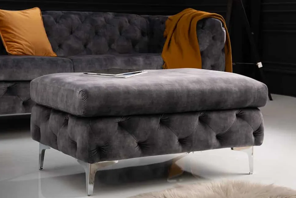 Chesterfield Hocker MODERN BAROCK 90cm dunkelgrau Samt Sitzhocker Fußhocker