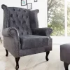 Chesterfield Ohrensessel antik grau Microfaser mit Knopfheftung