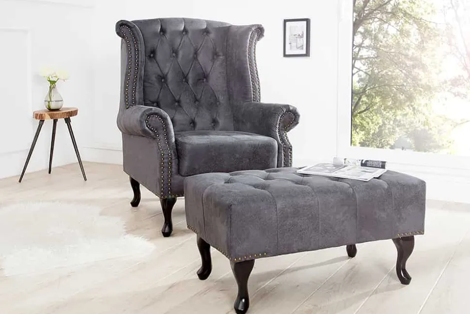 Chesterfield Ohrensessel antik grau Microfaser mit Knopfheftung