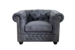 Chesterfield Sessel 105cm antik grau mit Knopfheftung und Federkern
