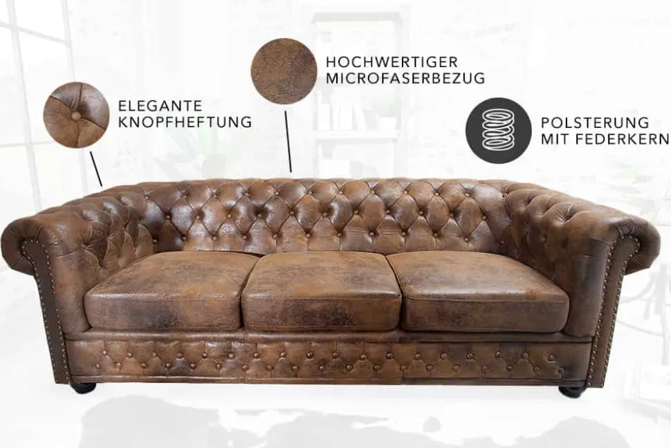 Chesterfield 3-Sitzer Sofa 205cm antik braun Microfaser Federkern Knopfheftung
