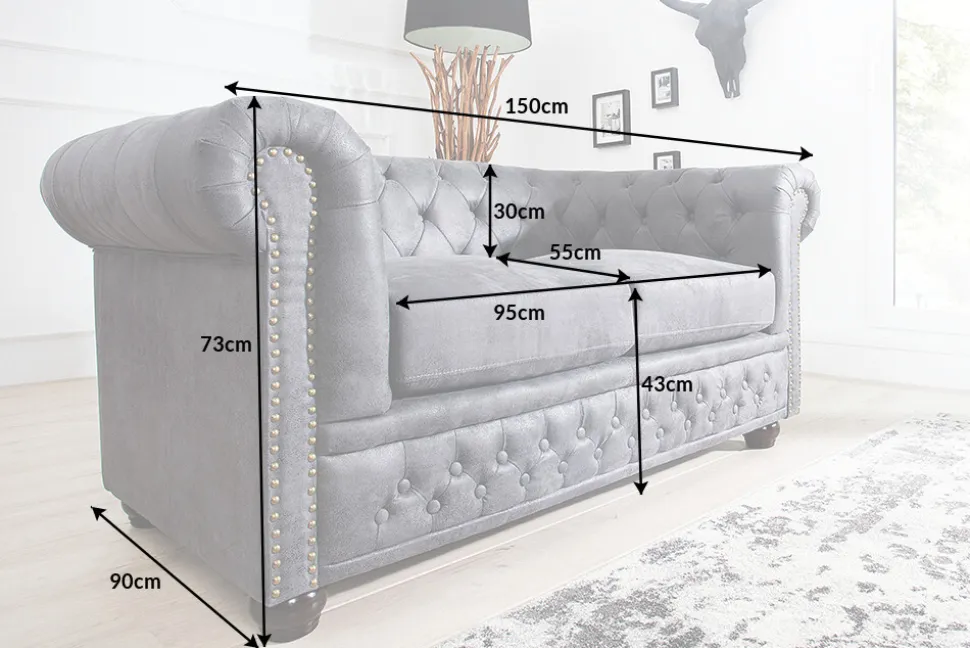 Chesterfield 2-Sitzer Sofa 150cm antik grau Microfaser Federkern Knopfheftung