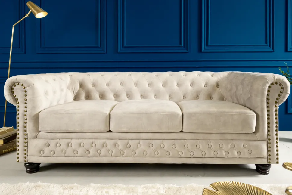 Chesterfield 3-Sitzer Sofa 200cm champagner beige Samt Federkern Knopfheftung