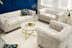 Chesterfield 3-Sitzer Sofa 200cm champagner beige Samt Federkern Knopfheftung