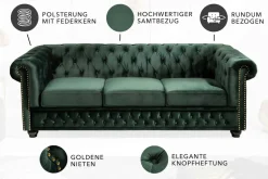 Chesterfield 3-Sitzer Sofa 205cm flaschengrün Samt Federkern Knopfheftung