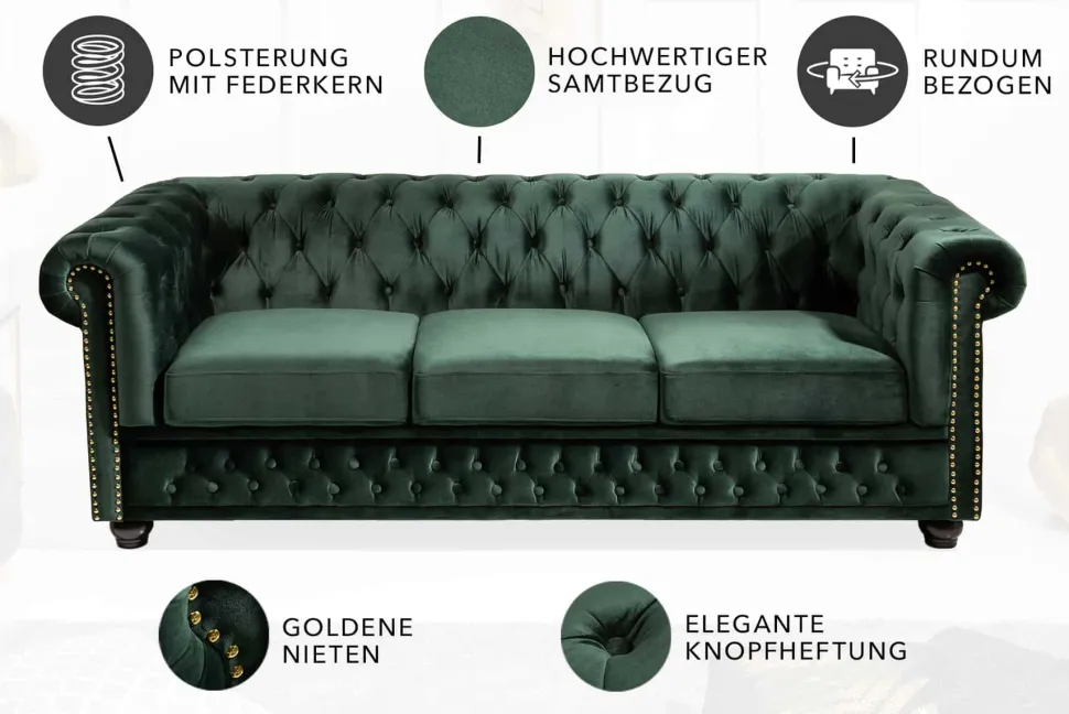 Chesterfield 3-Sitzer Sofa 205cm flaschengrün Samt Federkern Knopfheftung
