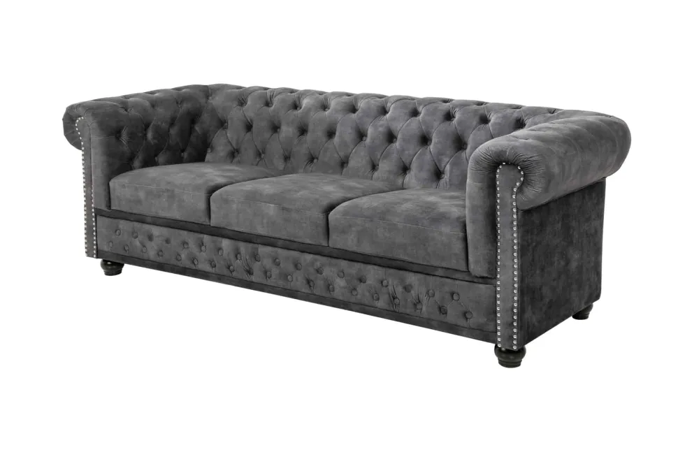 Chesterfield 3-Sitzer Sofa 205cm grau Samt Federkern Knopfheftung