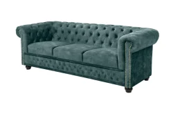 Chesterfield 3-Sitzer Sofa 205cm petrol Samt Federkern Goldnieten Knopfheftung