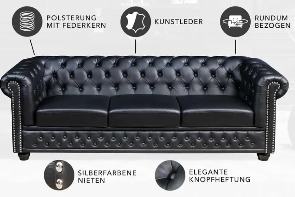 Chesterfield 3-Sitzer Sofa 205cm schwarz Nietenbesatz Federkern
