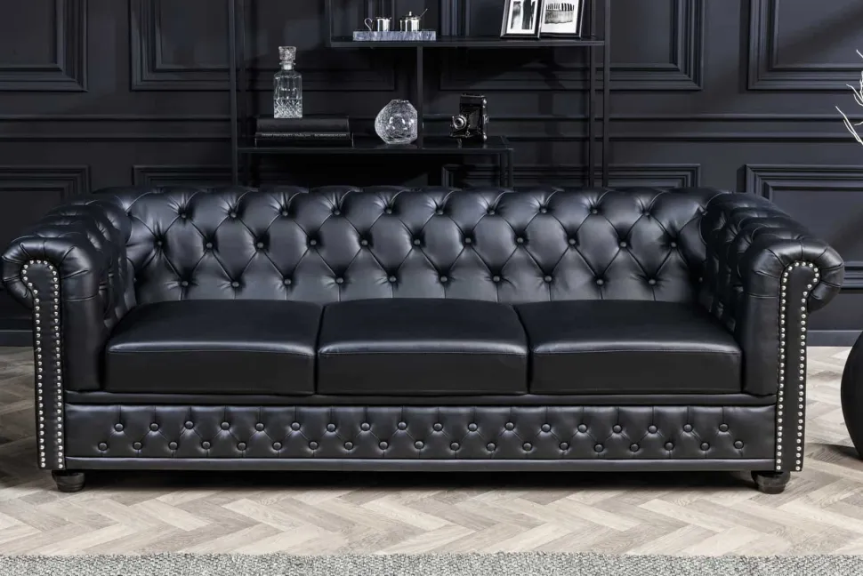 Chesterfield 3-Sitzer Sofa 205cm schwarz Nietenbesatz Federkern