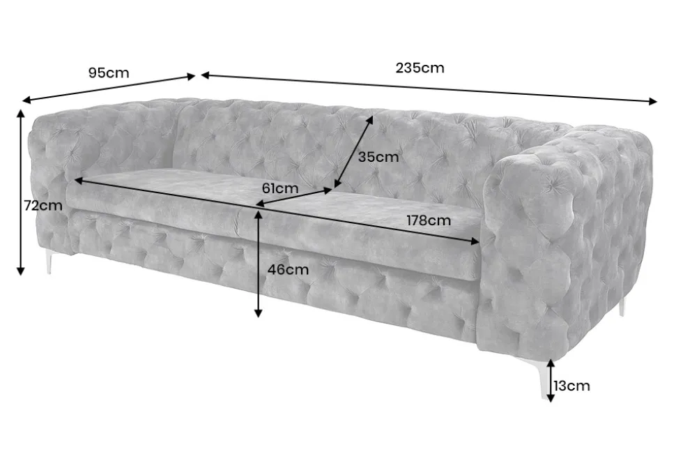 Chesterfield 3-Sitzer Sofa MODERN BAROCK 235cm dunkelgrau Samt Federkern Metallfüße