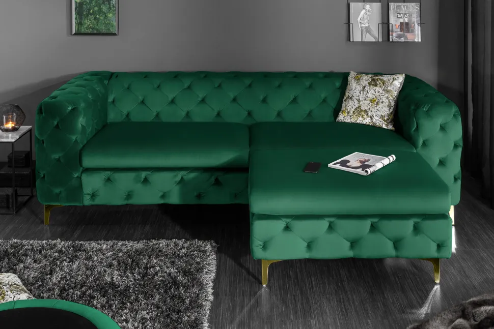 Chesterfield 3-Sitzer Sofa MODERN BAROCK 235cm smaragdgrün Samt Federkern gold Metallfüße