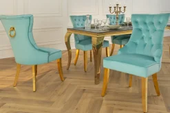 Chesterfield Stuhl CASTLE blau Samt goldene Edelstahlbeine mit Komfortgriff