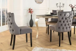 Chesterfield Stuhl CASTLE DELUXE grau Samt mit Löwenkopf Nieten
