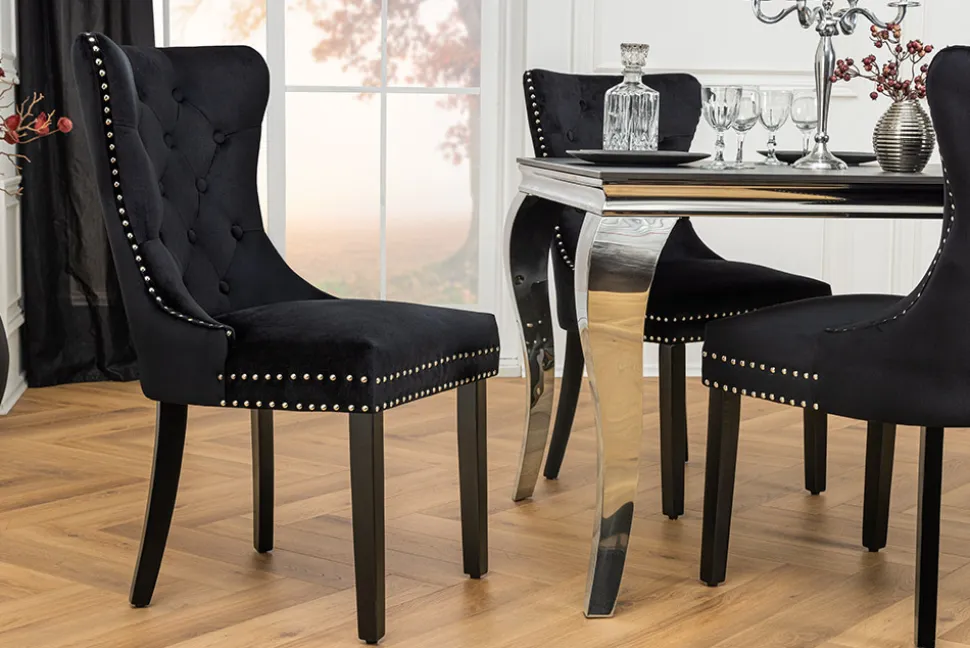 Chesterfield Stuhl CASTLE schwarz Samt Massivholz Ziernieten mit Komfortgriff