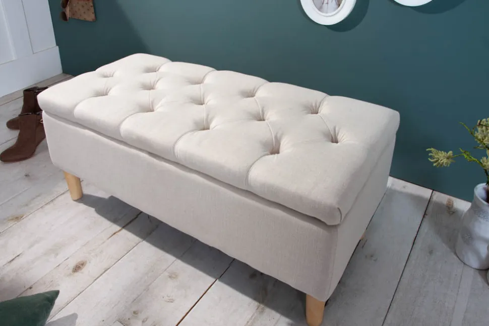 Chesterfield Truhenbank CASTLE 100cm beige Sitzbank Landhausstil mit Stauraum