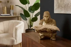 Deko-Figur GORILLA 40cm gold beige handmade mit Schale im Blatt-Design