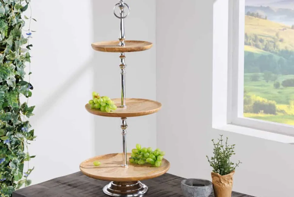 Dekorative Etagere PURE NATURE 68cm silber Mangoholz handmade drei Etagen